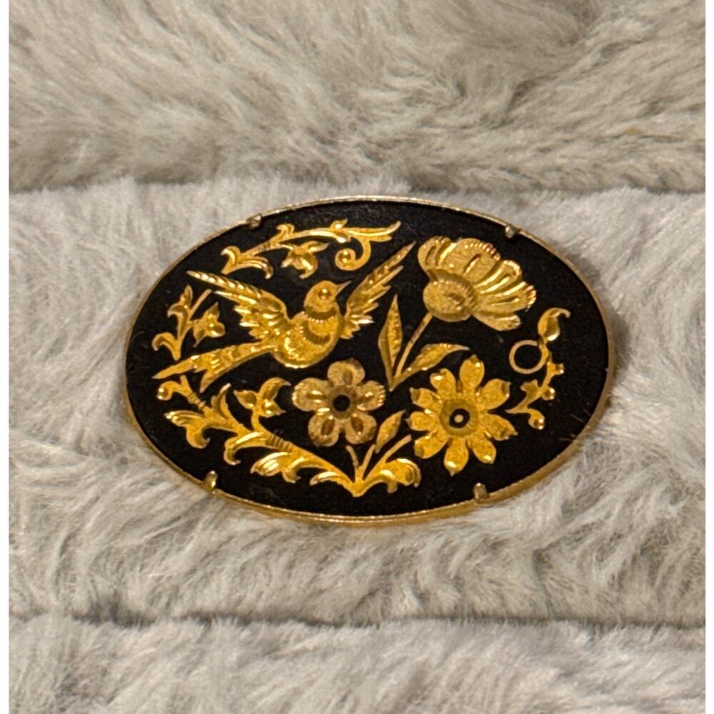 Vintage Damascene Oval Brooch with Bird and Floral Motif